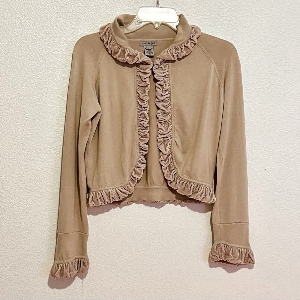 Mac & Jac Cream Silk Velvet Blend Ruffled Dusty Pink Collar Knit Cardigan M